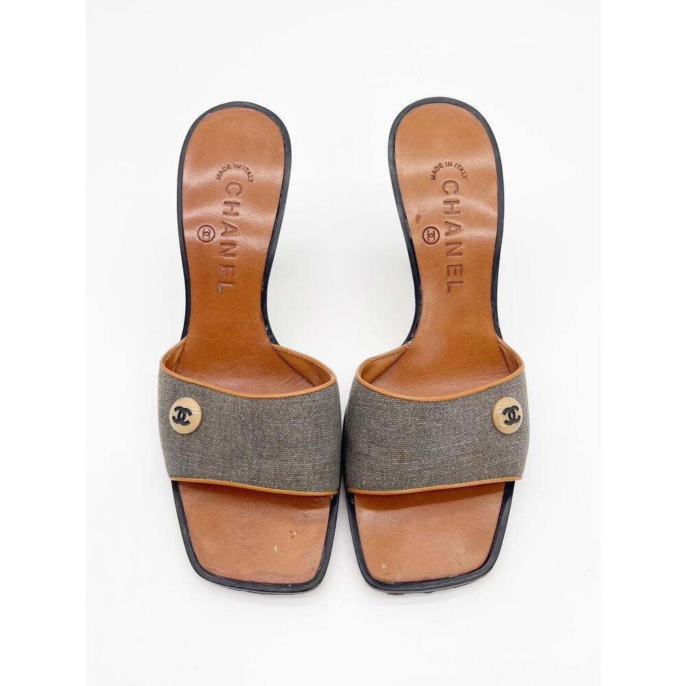 Chanel Vintage y2k Gray Canvas CC Logo Square Toe Mule Sandals Heels EU 37 - Picture 7 of 14